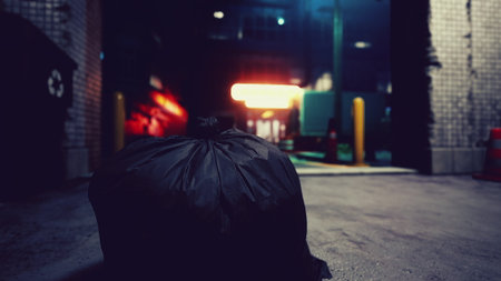 In a dimly lit urban alley, a black trash bag sits prominently on the pavement. The vibrant city lights cast colorful reflections, creating a stark contrast with the darkness.の写真素材