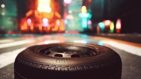 In a bustling city at night, a lonely tire rests on the street, illuminated by colorful neon signs. The atmosphere is electric, blending urban decay with vibrant city life.の写真素材
