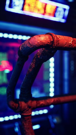 A close up view of rusty metal pipes in a lively city environment, illuminated by colorful neon lights in the background, creating a striking contrast against the darkness of night.の写真素材