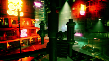 The bustling streets come alive at night, illuminated by colorful neon signs. Reflections dance on wet pavement as people explore the vibrant urban landscape filled with energy.の写真素材