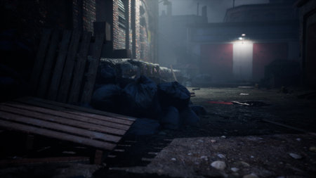 Shadows loom in a narrow alley filled with discarded items and trash. A single light flickers in the distance, creating a mysterious and unsettling ambiance as the night persists.の写真素材