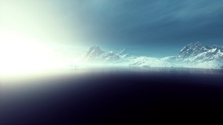 Majestic snow covered mountains rise against a soft pastel sky. A tranquil scene unfolds as light gently reflects on the calm waters below. Natures beauty captivates in this serene moment.の写真素材