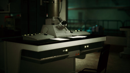 In a quiet laboratory, a high tech workstation is lit softly, showcasing intricate instruments. Papers lie ready for examination, hinting at scientific experiments late into the night.の写真素材
