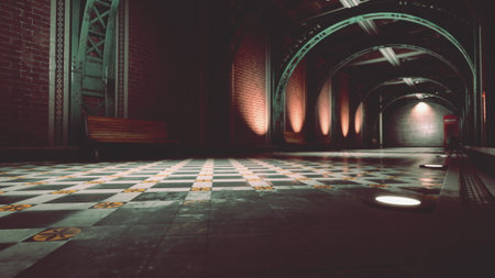 An empty underground station features a beautifully tiled floor. Soft lights illuminate the brick...