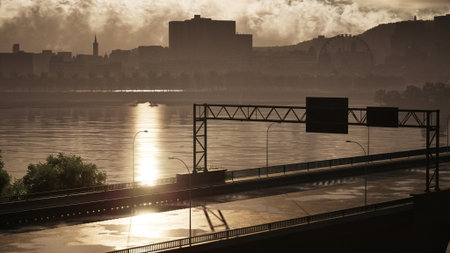 Golden sunlight casts shimmering reflections on the calm river, while tall city buildings rise in...