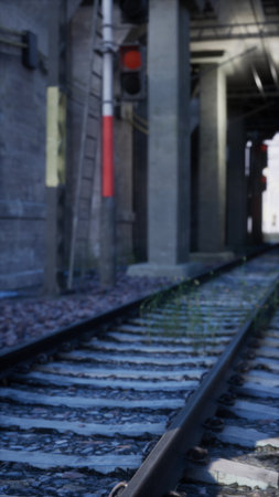 Tracks stretch into the distance beneath a weathered bridge, bathed in warm sunset light. Weeds and stones peek through the rails, adding character to this forgotten urban setting.の写真素材