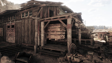 In an abandoned western settlement, a weathered wooden building stands under the vast sky. Old wooden planks and tools are scattered nearby, hinting at a past life of activity and craftsmanship.の写真素材