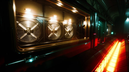 In a futuristic setting, bright neon lights reflect on metallic surfaces. Large industrial fans line the walls, creating a sense of motion and energy in the dim space. The atmosphere is mesmerizing.の写真素材