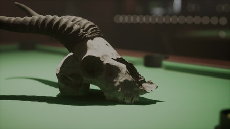 A skull with prominent horns is placed on a green billiard table, casting soft shadows in a dimly...