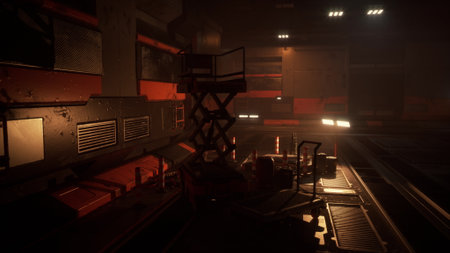 The scene captures a dark industrial workspace filled with machinery and tools. Soft lighting...