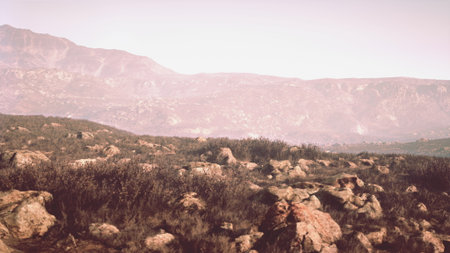 A serene rocky landscape unfolds under soft early morning light. Hills rise in the distance, creating a peaceful atmosphere with gentle shadows playfully dancing on the ground.の写真素材