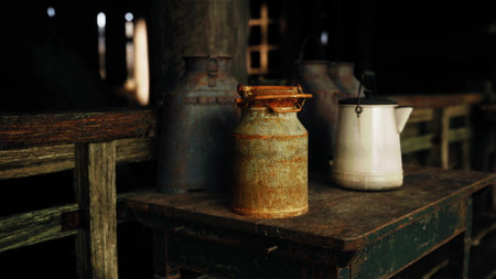 Old milk cans and a kettle sit quietly on a weathered wooden table inside a dimly lit barn. The rustic scene evokes a sense of nostalgia and simplicity in a rural setting.の写真素材