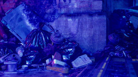 In a dimly lit alley, black garbage bags overflow with waste, surrounded by scattered debris. Neon...