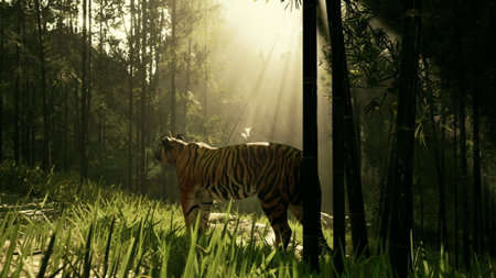 A powerful tiger walks gracefully among tall bamboo shoots, bathed in soft morning light. The serene atmosphere showcases natures beauty and the tigers regal presence.の写真素材