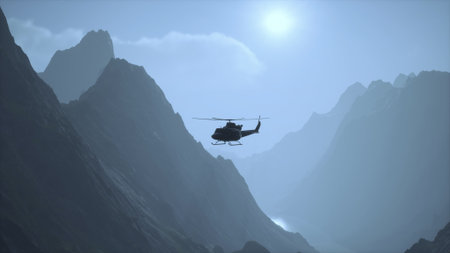 A helicopter soars gracefully above towering mountains at dusk. The sun casts a soft glow, illuminating the rugged peaks and creating a serene atmosphere.の写真素材