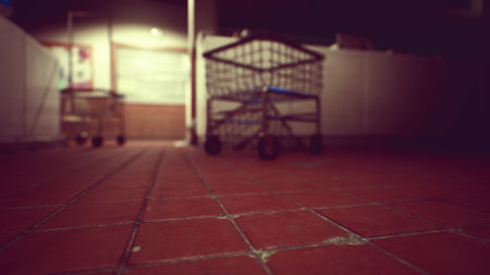 In a quiet hallway during the night, two shopping carts rest on the tiled floor. The low light creates a mysterious atmosphere, drawing attention to the textures and shadows present.の写真素材