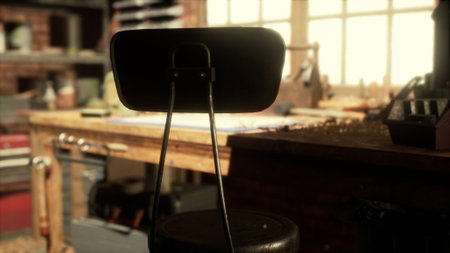 A rustic workshop captured in warm sunlight, showcasing an empty chair in front of a cluttered...