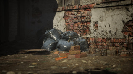 Piles of black trash bags lean against a weathered brick wall, showcasing the contrast between neglect and the remnants of urban life. Weeds sprout amidst the rubble under soft sunlight.の写真素材