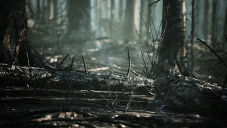 An eerie, smoky landscape showcases the aftermath of a devastating wildfire. Scorched trees and...