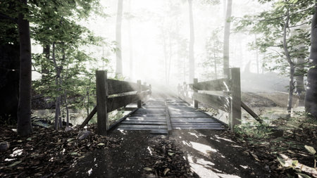 A rustic bridge crafted from wood stretches over a tranquil path, surrounded by luminous trees. Soft fog envelops the landscape, creating a captivating, serene atmosphere.の写真素材