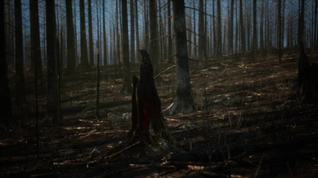 In a once vibrant forest now laid bare after a fierce fire, blackened tree stumps jut from the ground, reflecting natures resilience. Shadows play among the ash covered earth, hinting at rebirth.の写真素材