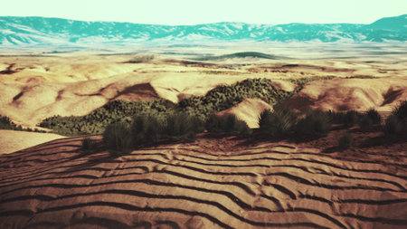 A stunning view of a sprawling desert, where the golden sands form intricate patterns. Lush greenery peeks through the arid terrain under a bright sky, highlighting natures beauty.の写真素材