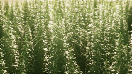 Lush cannabis plants stand tall and vibrant in a sprawling field, basking in the sunlight. The greenery creates a calming atmosphere, showcasing natures beauty and vitality.の写真素材