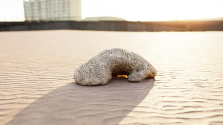 A remarkable and unusual natural formation rests on the smooth sands, casting a long shadow during a tranquil sunset. The warm hues of the sky enhance the serene atmosphere.の写真素材