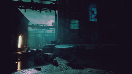 In a dimly lit abandoned industrial setting, eerie shadows dance on wet surfaces. Broken structures loom against a foggy backdrop, creating a haunting atmosphere.の写真素材