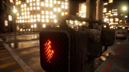 A glowing walking signal stands prominently in a vibrant city setting at night. Surrounding buildings are illuminated, reflecting the lively atmosphere around the crosswalk.の写真素材