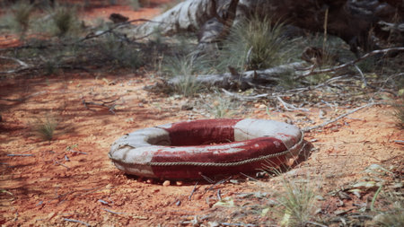 A lifebuoy sits abandoned on cracked soil, surrounded by sparse vegetation and rugged terrain. The sun casts a warm glow, highlighting its faded colors amid the arid landscape.の写真素材