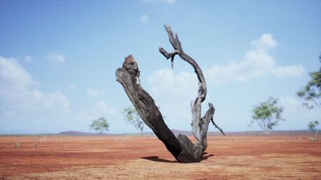 In a vast, dry landscape, a striking dead tree stands alone against the clear blue sky. Surrounding vegetation is sparse, showcasing the beauty of resilience in arid conditions.の写真素材