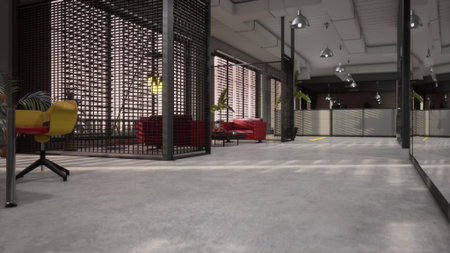 Bright and spacious office environment shows sleek furniture, including vibrant seating and a blend...