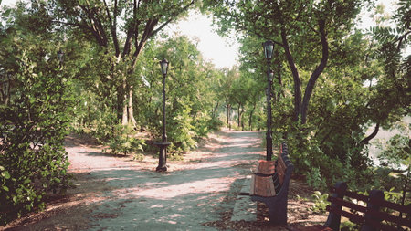 A serene path winds through a vibrant park filled with lush trees and blooming plants. Soft sunlight...