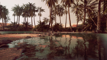 A tranquil oasis surrounded by tall palm trees offers a peaceful view. The water reflects the greenery and warm hues of sunset, creating a harmonious and calming atmosphere.の写真素材