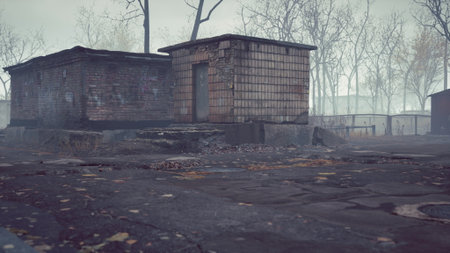 In a serene autumn landscape, two rundown buildings stand quietly among bare trees. The fog envelops the area, creating an eerie, tranquil atmosphere. Leaves lie scattered on the ground.の写真素材