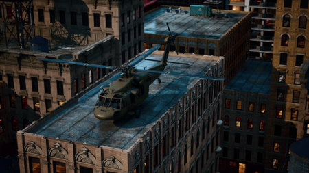 A helicopter touches down on the rooftop of a tall building surrounded by a vibrant cityscape. The streets below glow with lights, creating a lively nighttime atmosphere.の写真素材