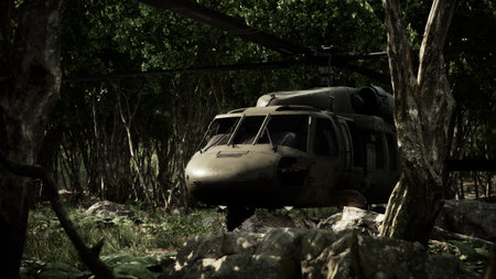 A military helicopter stands among tall trees in a lush jungle, its worn exterior reflecting years of service. Sunlight filters through the leaves, creating a serene atmosphere.の写真素材