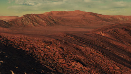 Vast red hills and rocky formations stretch across a distant planets surface. The atmosphere glows softly, hinting at twilight, while shadows create a dramatic contrast on the terrain.の写真素材