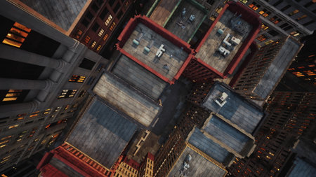 Rooftops of tall buildings create a geometric pattern, highlighting various textures and colors while city lights begin to glow as dusk envelops the urban landscape.の写真素材