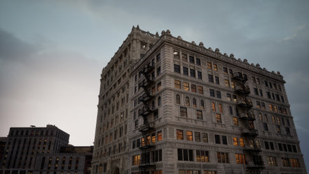 A stunning building with intricate details stands tall against the evening sky. Windows reflect the warm glow of lights, creating an inviting atmosphere in the bustling urban landscape.の写真素材
