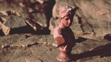 A small ancient sculpture rests on a rough stone surface. The warm light highlights its details, creating a contrast against the rocky backdrop, evoking mystery and history.の写真素材