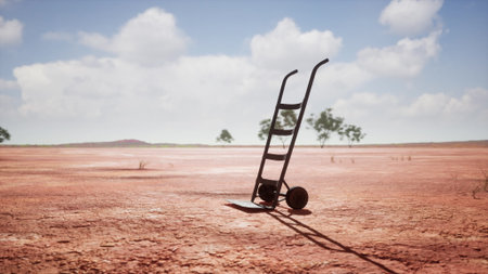 A lonely hand truck rests on cracked earth in an arid landscape. Sparse trees dot the horizon under a blue sky filled with fluffy clouds. The scene captures stillness and solitude.の写真素材