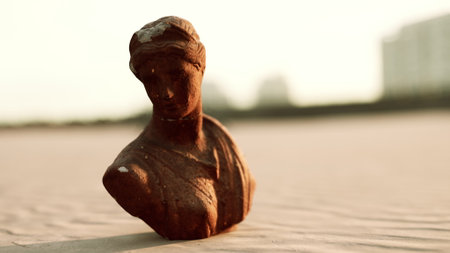 A beautiful clay bust stands alone on the soft sand, illuminated by warm sunset light. The serene atmosphere captures the essence of art and nature in perfect harmony.の写真素材