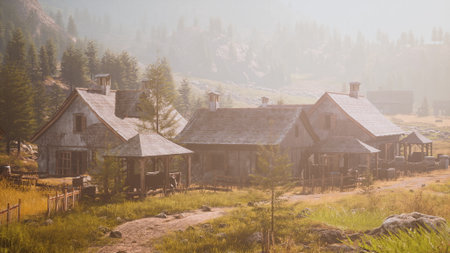 Charming rustic cottages sit amidst lush greenery in a tranquil valley. Soft sunlight bathes the...