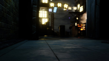 A narrow alley comes alive at night with glowing signs illuminating brick walls. Littered trash bins and fog add mystery to the vibrant urban atmosphere.の写真素材