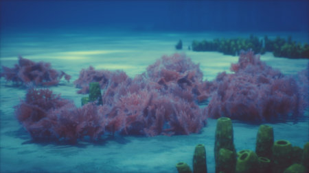 Bright corals thrive in the clear blue waters of a vibrant reef. Sunlight filters down, creating a serene atmosphere for various sea creatures. This underwater paradise showcases natureâs beauty.の写真素材