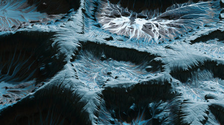An extraordinary view of a textured surface resembling an alien world, showcasing intricate patterns...