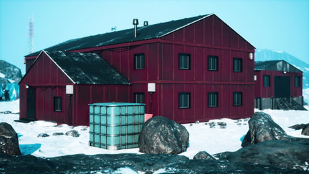 A bright red research station contrasts with the surrounding snow and rocky terrain in Antarctica.の写真素材