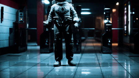 An astronaut stands alone in a dimly lit subway station, surrounded by empty turnstiles and glossy tiles, creating an eerie yet captivating atmosphere of solitude and mystery.の写真素材